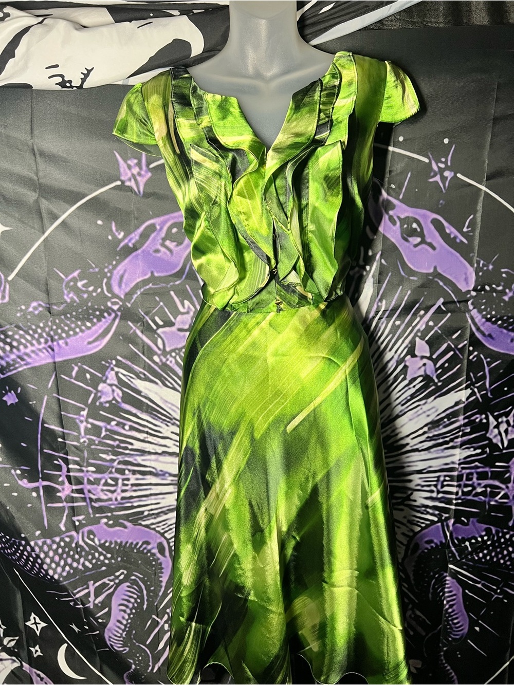 Msrp 298$ Alex Evenings Green Ruffled Cap-Sleeve Dress